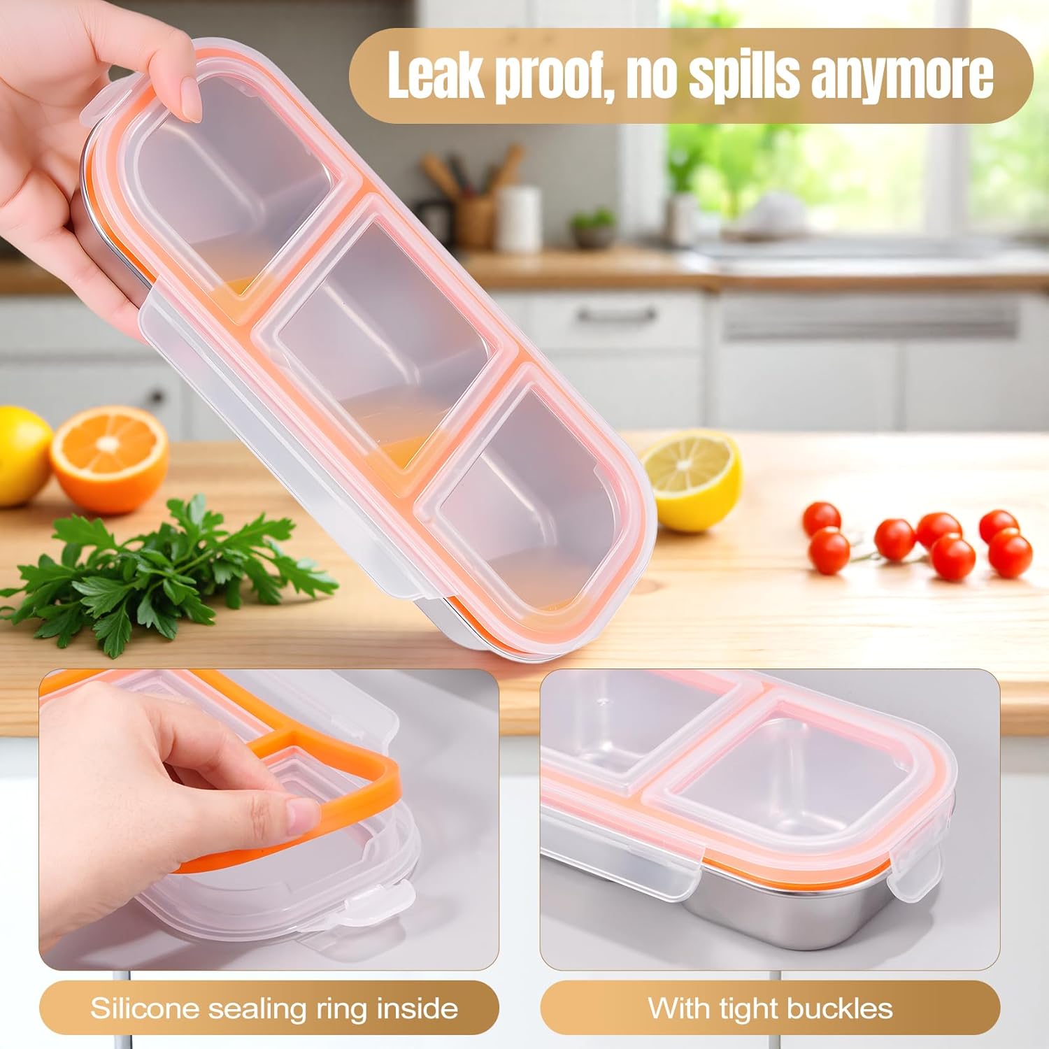 Stainless Steel Snack Containers with Lids – 3-Compartment Set
