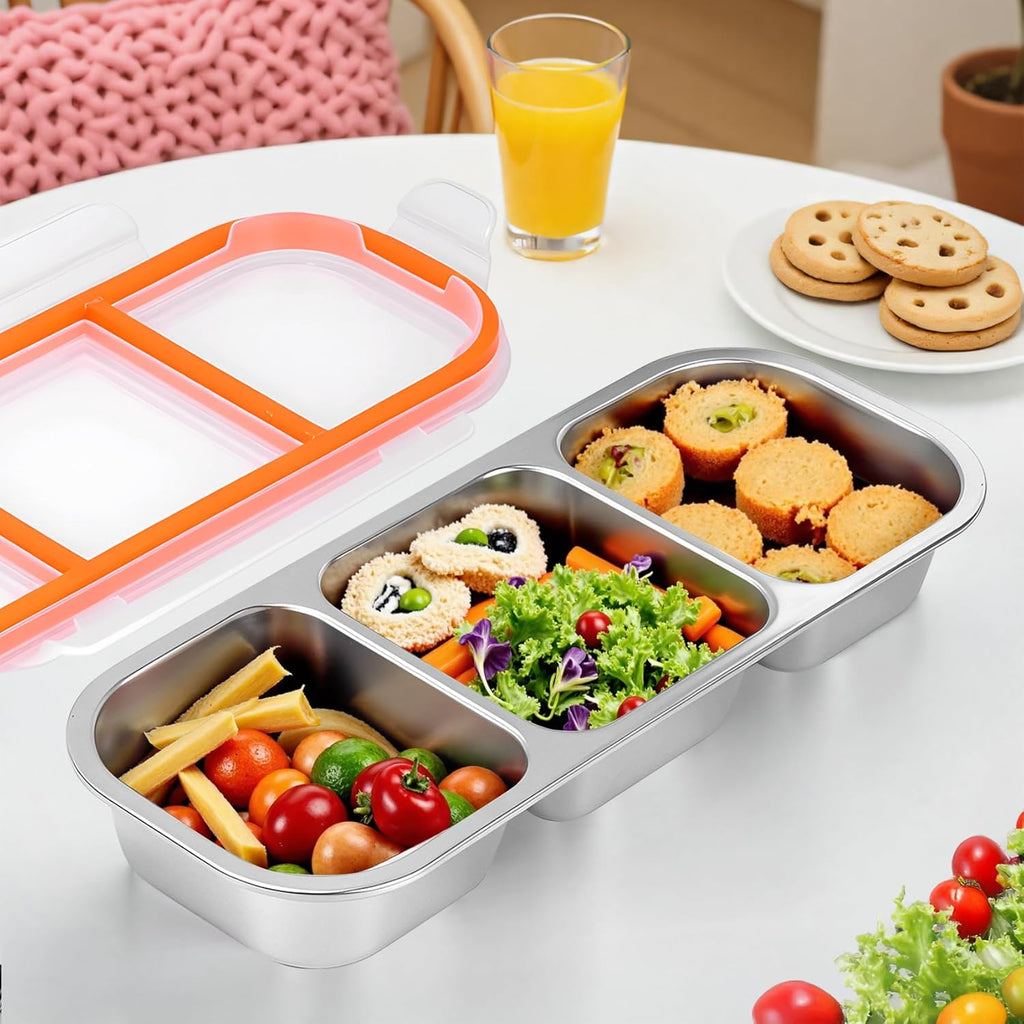 Stainless Steel Snack Containers with Lids – 3-Compartment Set