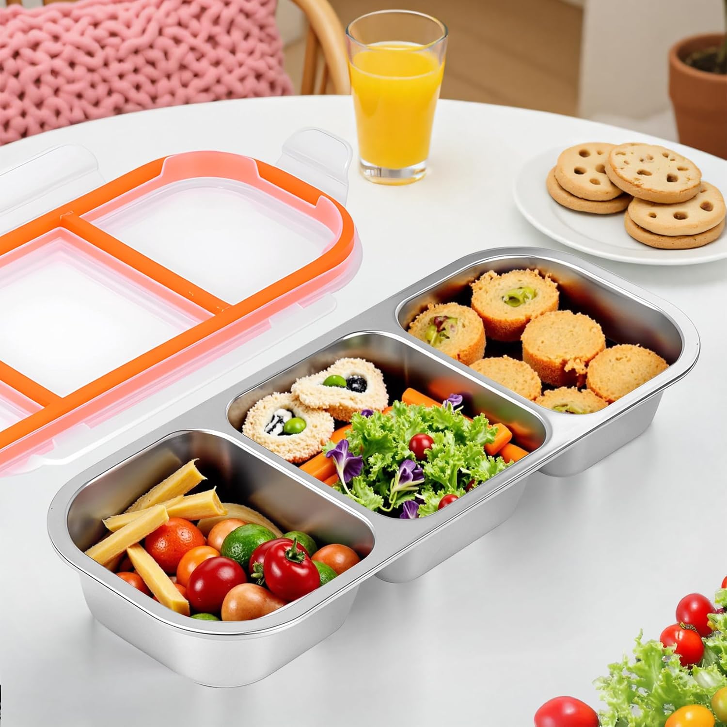 Stainless Steel Snack Containers with Lids – 3-Compartment Set