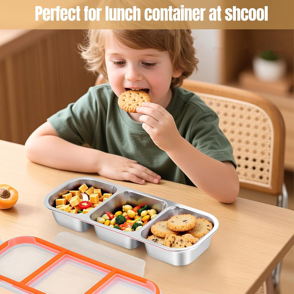 Stainless Steel Snack Containers with Lids – 3-Compartment Set