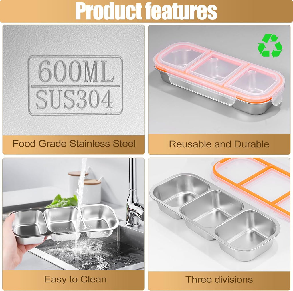 Stainless Steel Snack Containers with Lids – 3-Compartment Set