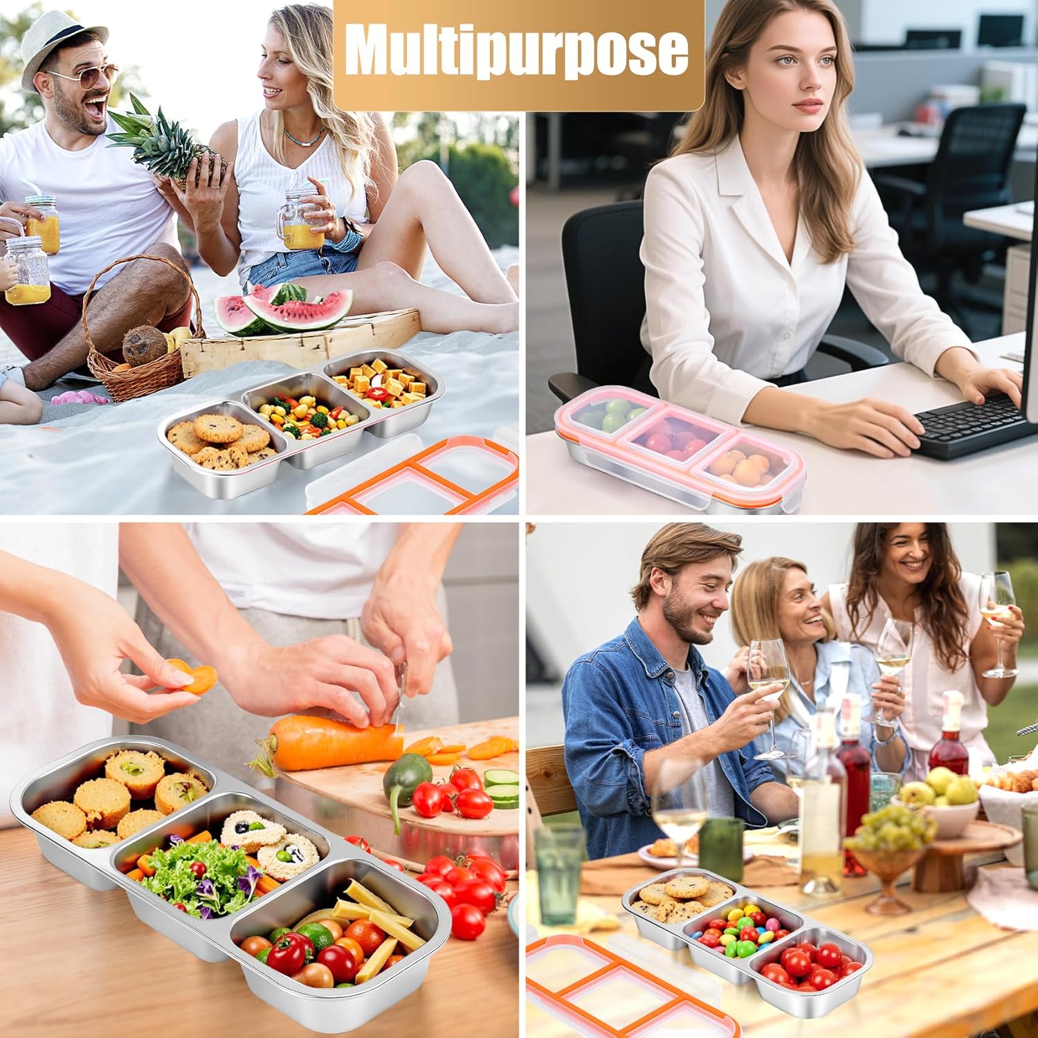 Stainless Steel Snack Containers with Lids – 3-Compartment Set