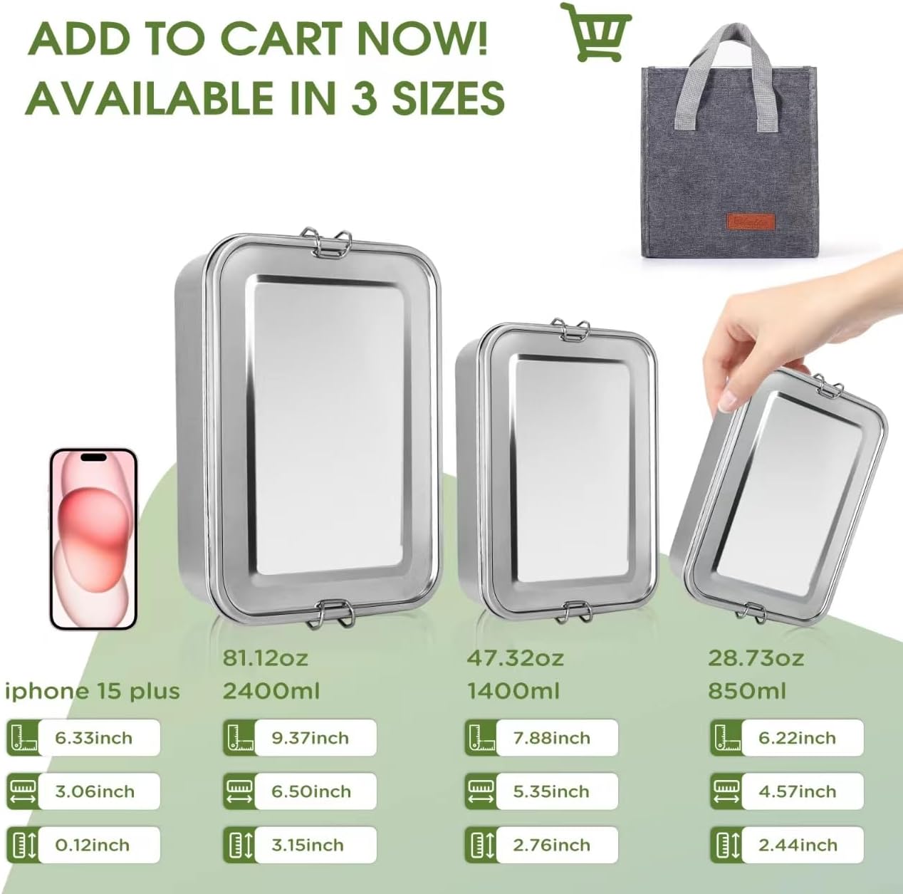 Stainless Steel Bento Box Set with Lids – 3 Pack
