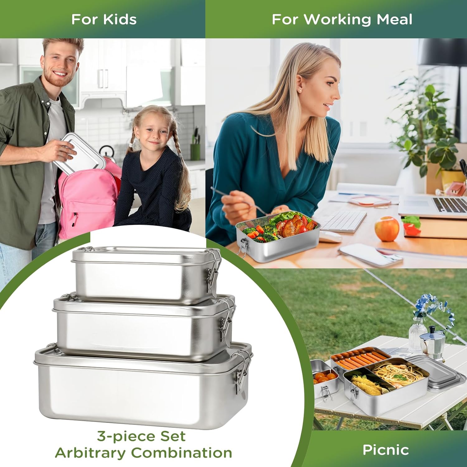 Stainless Steel Bento Box Set with Lids – 3 Pack