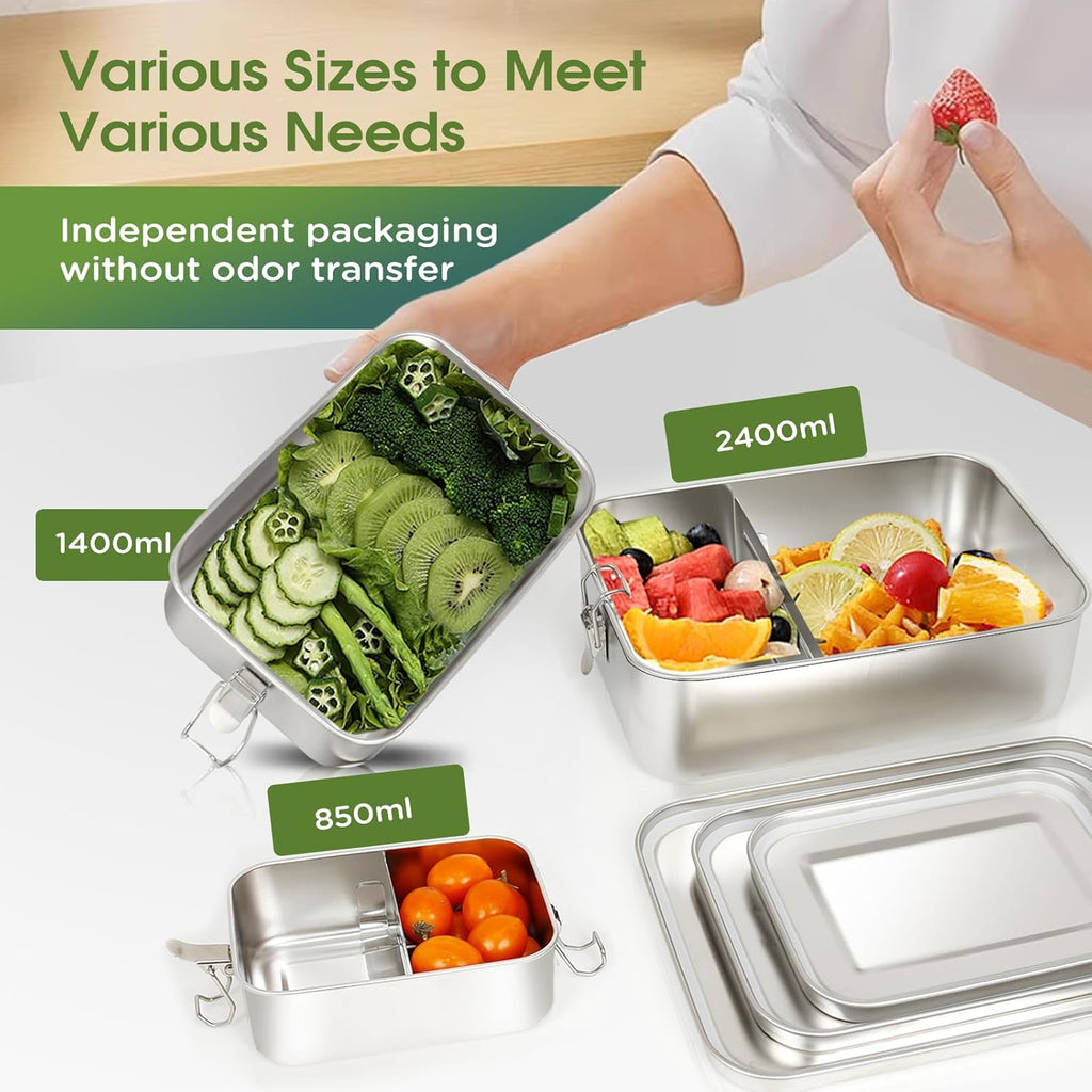 Stainless Steel Bento Box Set with Lids – 3 Pack