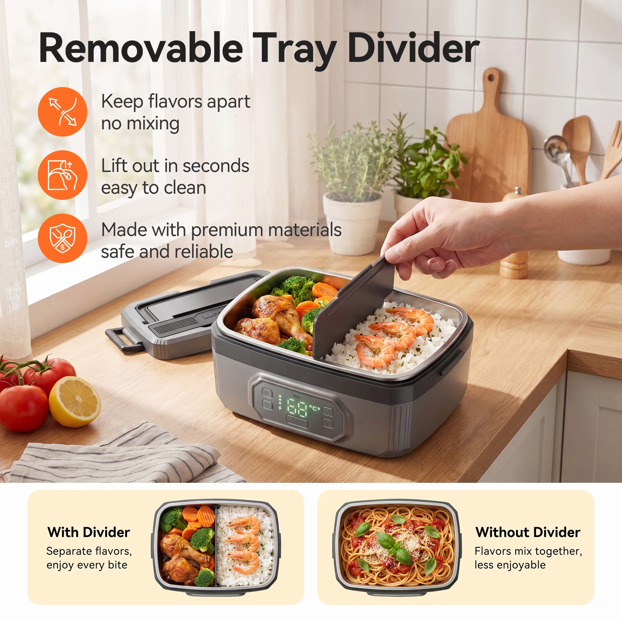 Electric Heated Lunch Box with Removable Divider – 5.1 Cup